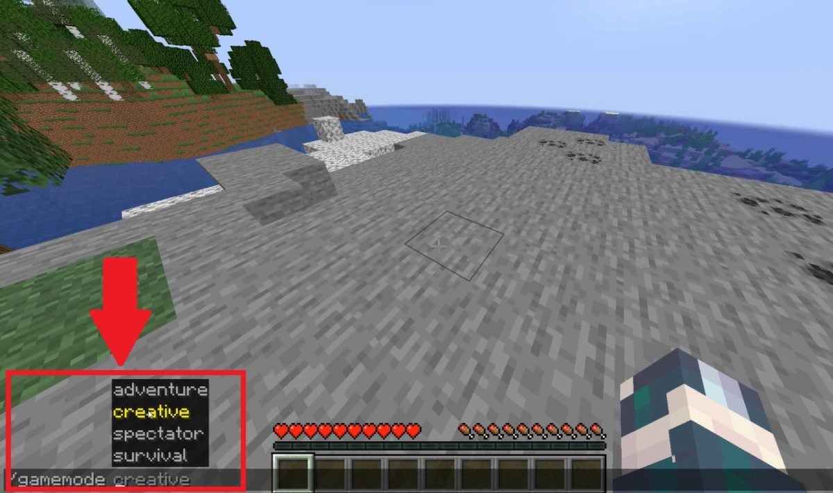 Escribe /gamemode y elige Creative para acceder a tu inventario ilimitado.