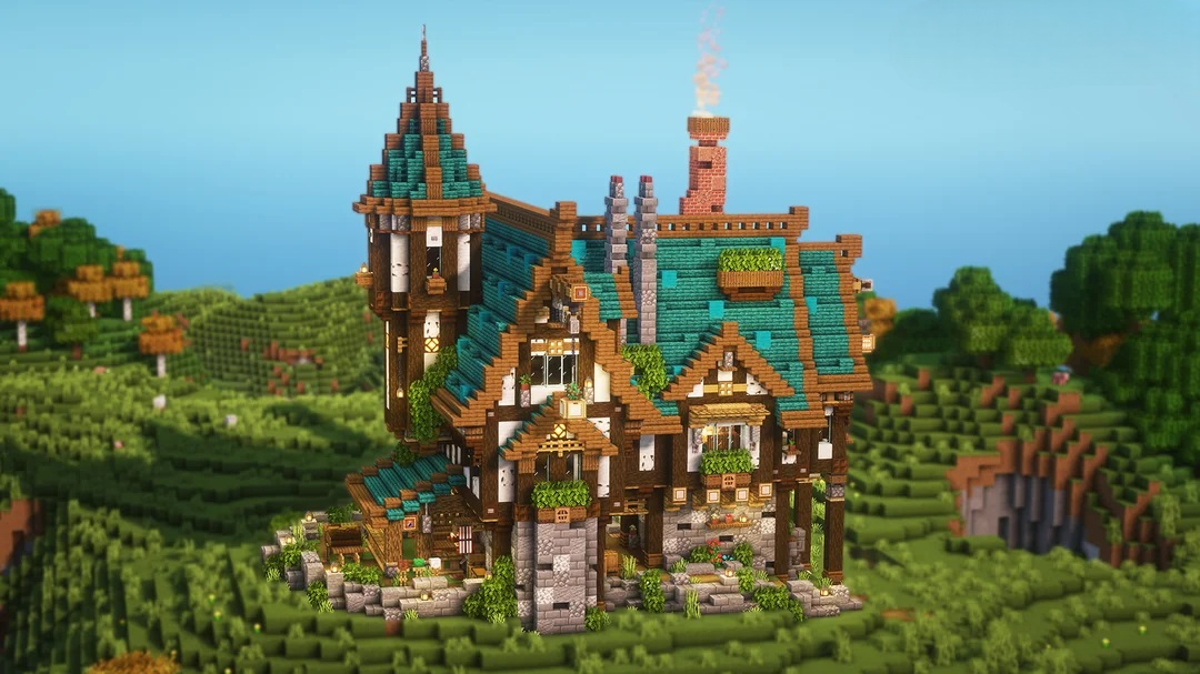 Uma casa medieval soberba + telhado criado pelo Redditor ToxicKailey