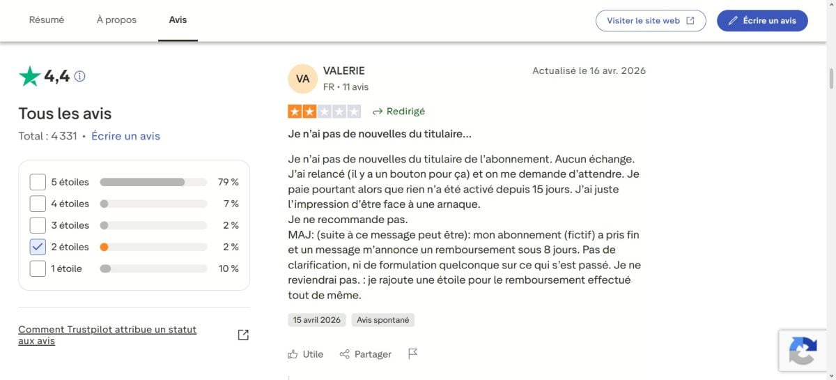 Avis 2 étoiles Valérie sur Sharesub avec remboursement