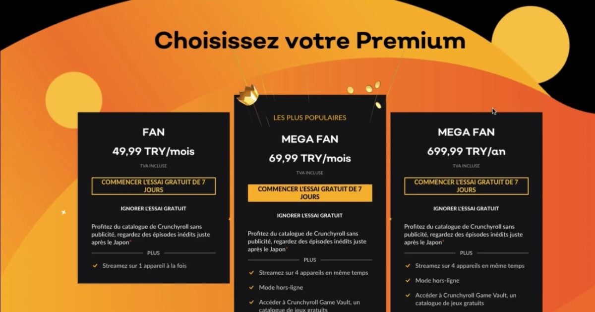 トルコを選択した場合、Crunchyrollサイトで表示される料金はトルコリラ（TRY）で表示されます。