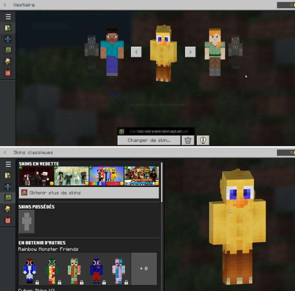Una vez importado el skin a tu guardarropa, sólo tienes que elegirlo para cambiar el aspecto de tu personaje Minecraft Bedrock
