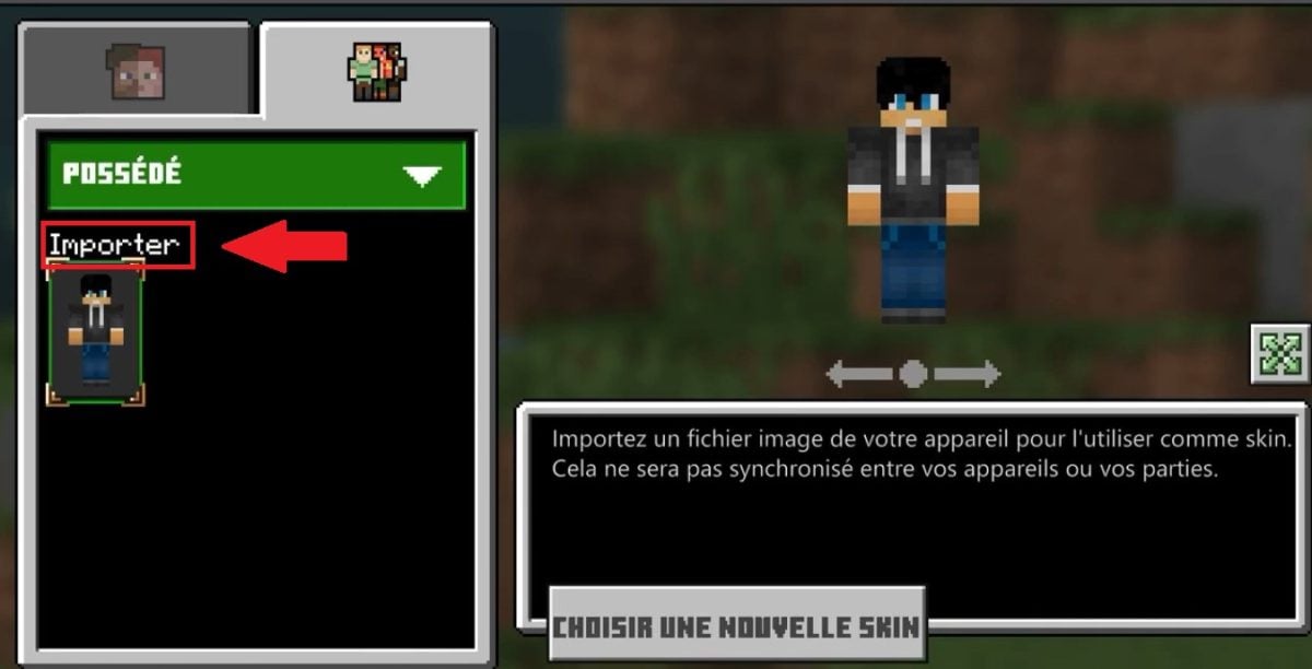 Opción de importación para añadir una nueva skin Minecraft en un teléfono móvil