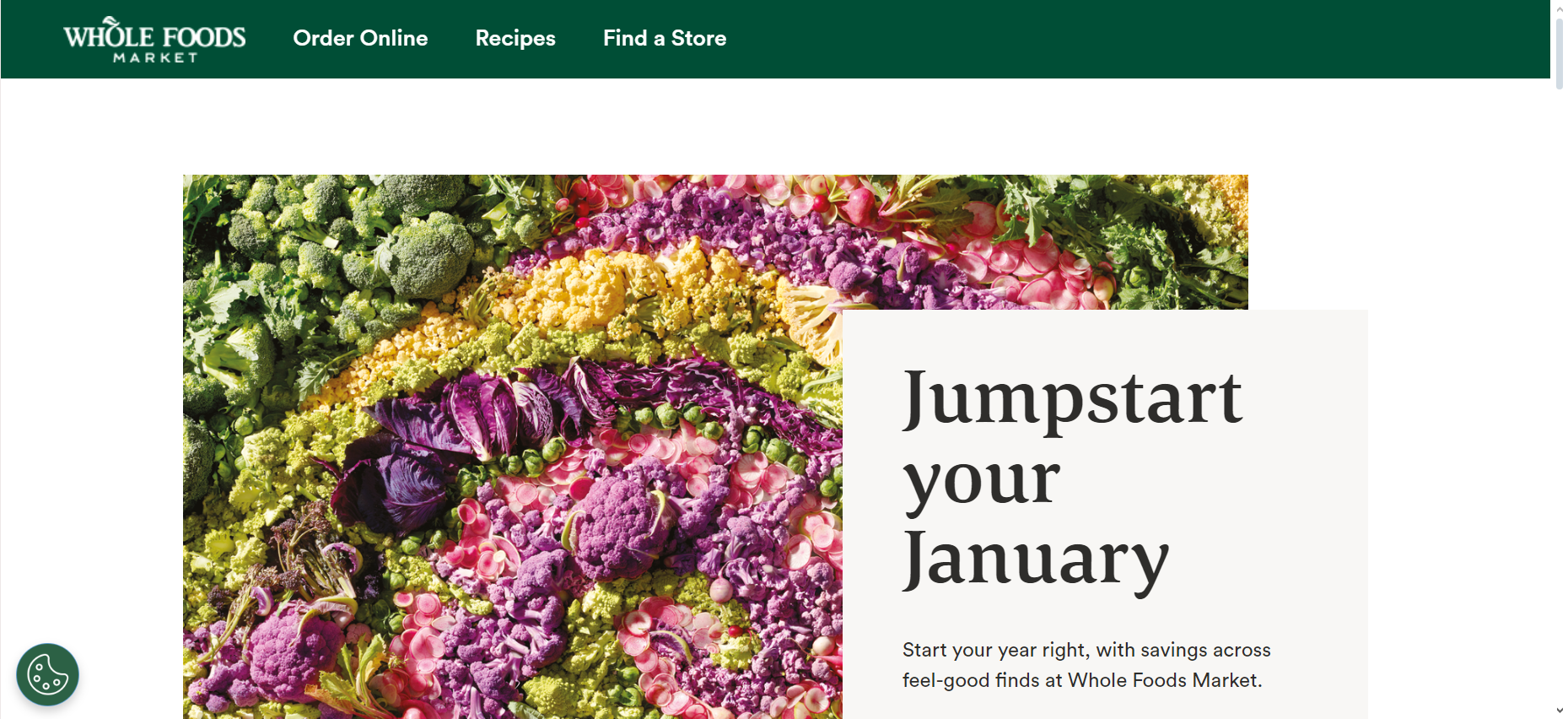 Esta é a página inicial do sítio Web oficial do Whole Foods Market.