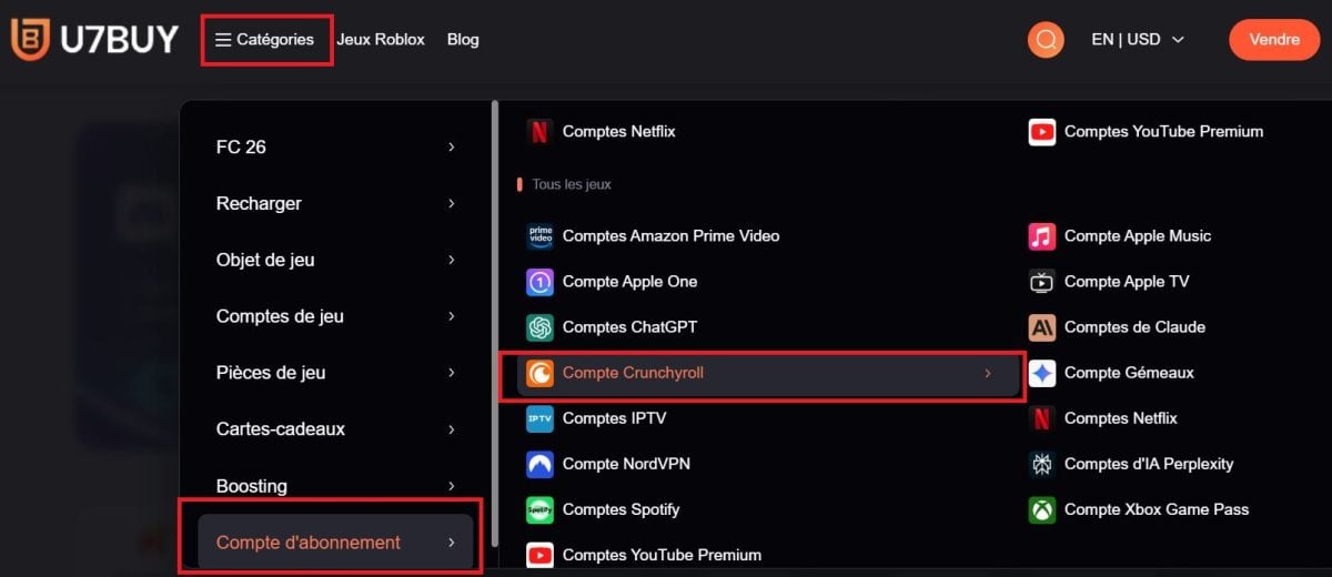 Trouver un abonnement Crunchyroll sur le site de streaming U7BUY