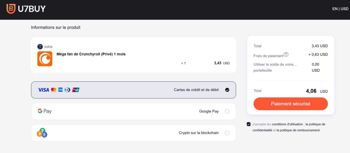 Valider le paiement sécurisé d'un compte Crunchyroll sur U7BUY