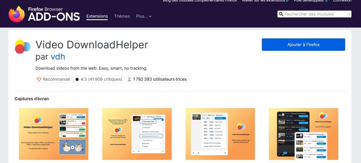 Установка расширения Video DownloadHelper из каталога модулей браузера.