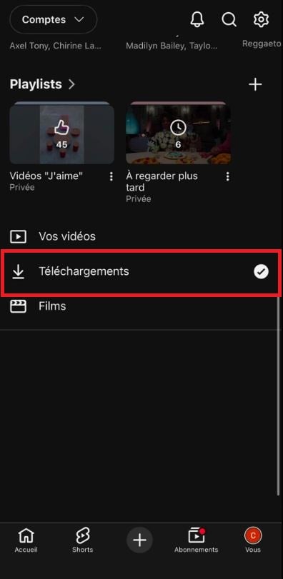 Доступ к записанным трекам на вкладке "Загрузки" в библиотеке YouTube Music.