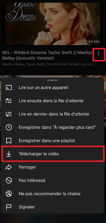 Выбор пункта "Скачать" в меню трека в YouTube Music.