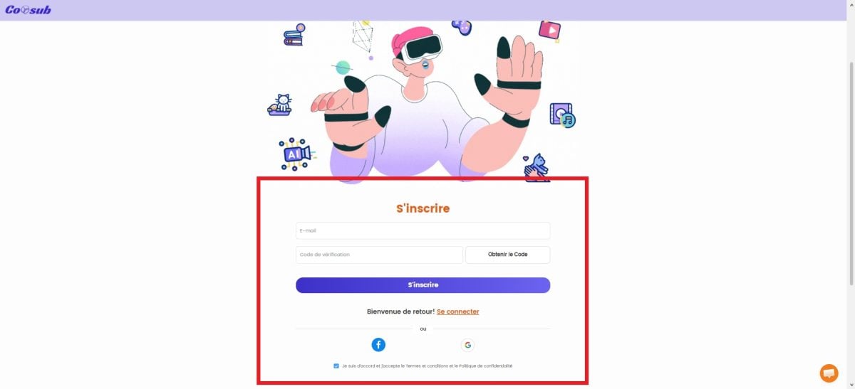 Coosub注册页面的截图,支持通过电子邮件、Google或Facebook注册