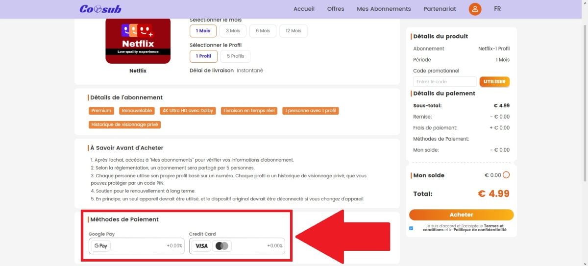 Coosub上Netflix订阅支付方式的截图