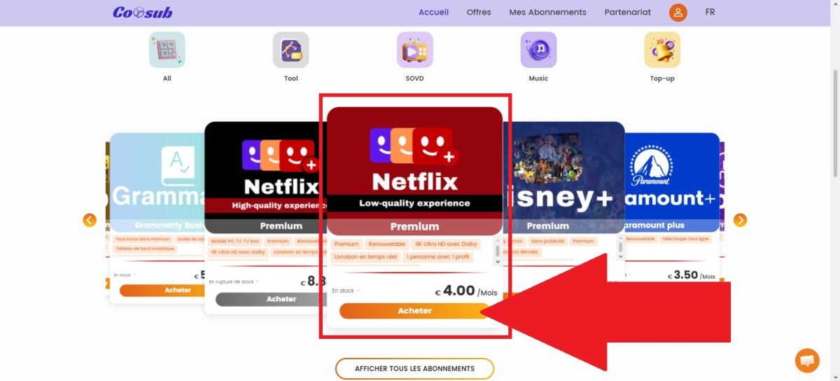 Coosub首页上Netflix订阅的截图