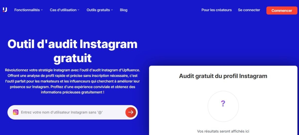 Скриншот главной страницы сайта Upfluence, который предлагает бесплатный анализ аккаунта в Instagram