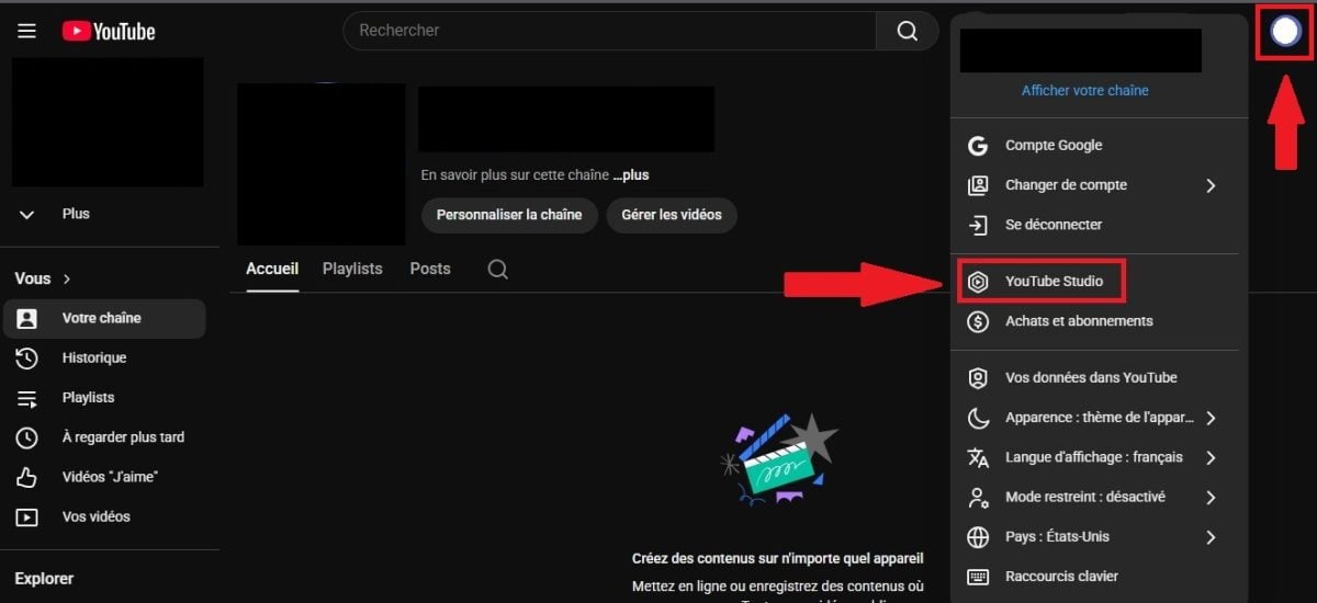 YouTube Studio-knappen i profilmenuen øverst til højre på skærmen