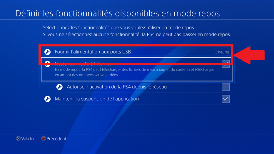 Sélectionnez l'option Alimentation aux ports USB