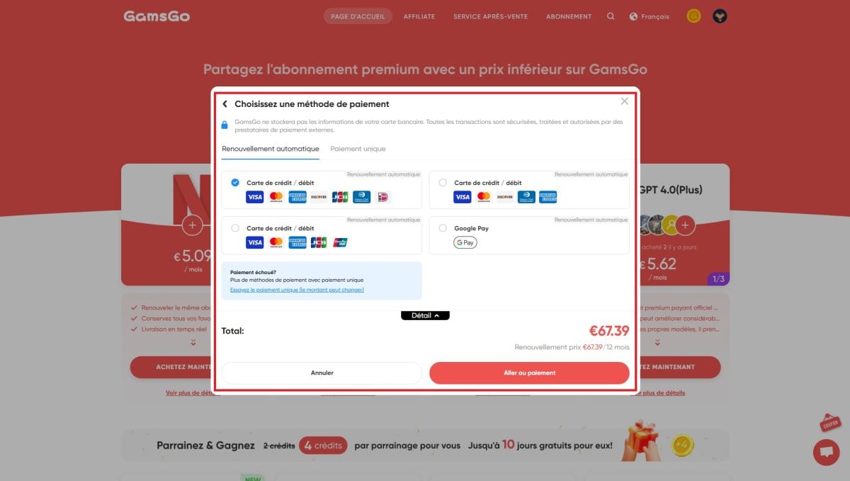 Die Auswahl und dann die Bezahlung über GamsGo. ©️Dramsey für Alucare.fr