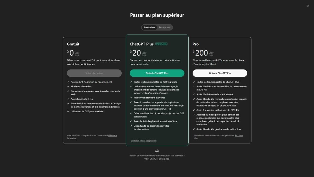 Die Pläne und dann die Bezahlung von ChatGPT Plus oder Pro. ©️Dramsey für Alucare.fr