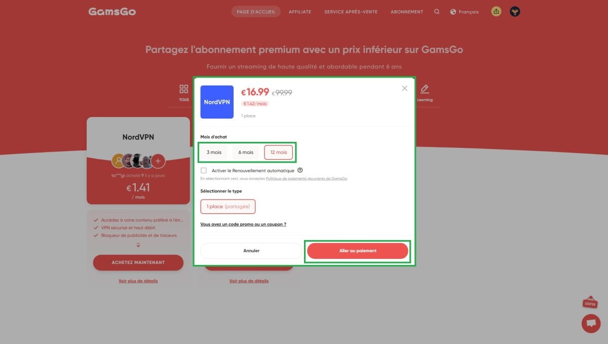 Различные предложения для подписки на NordVPN. Вы можете выбрать месячный (3 или 6 месяцев) или годовой тарифный план. Вы сами решаете, какой срок подходит именно вам. ©️Dramsey для Alucare.fr