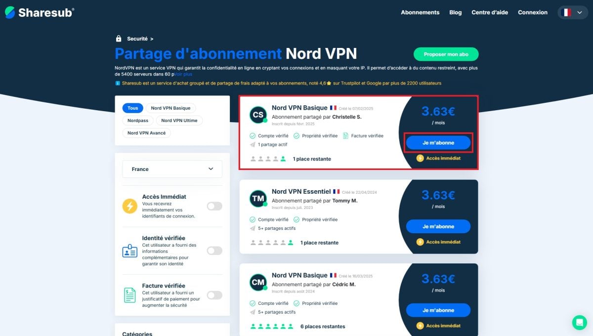 Для приложения NordVPN доступны группы подписки. Ее участники получают преимущества VPN с одновременным использованием (на нескольких устройствах) с шифрованием соединения для обеспечения безопасности данных 100%. ©️Dramsey для Alucare.fr