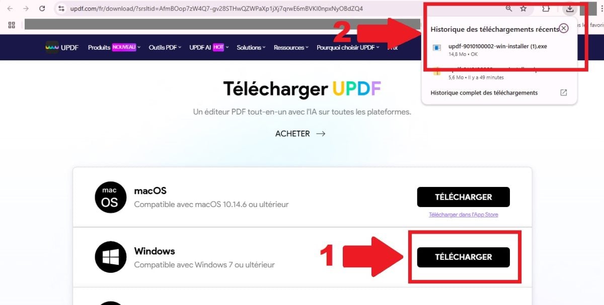 Cliquez sur TELECHARGER et retrouvez le fichier logiciel UPDF dans la boite téléchargement de votre PC