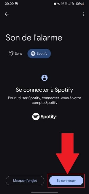 Connexion à un compte Spotify pour ajouter une chanson comme sonnerie de réveil