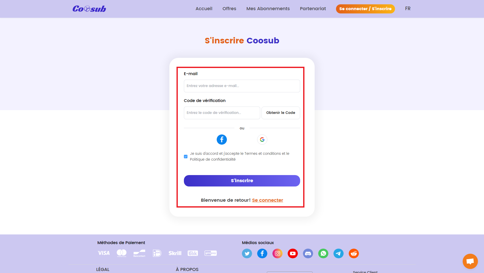 Страница регистрации в Coosub. Вы можете зарегистрироваться с помощью адреса электронной почты, а также с помощью учетной записи Google или Facebook.©️Dramsey для Alucare.fr