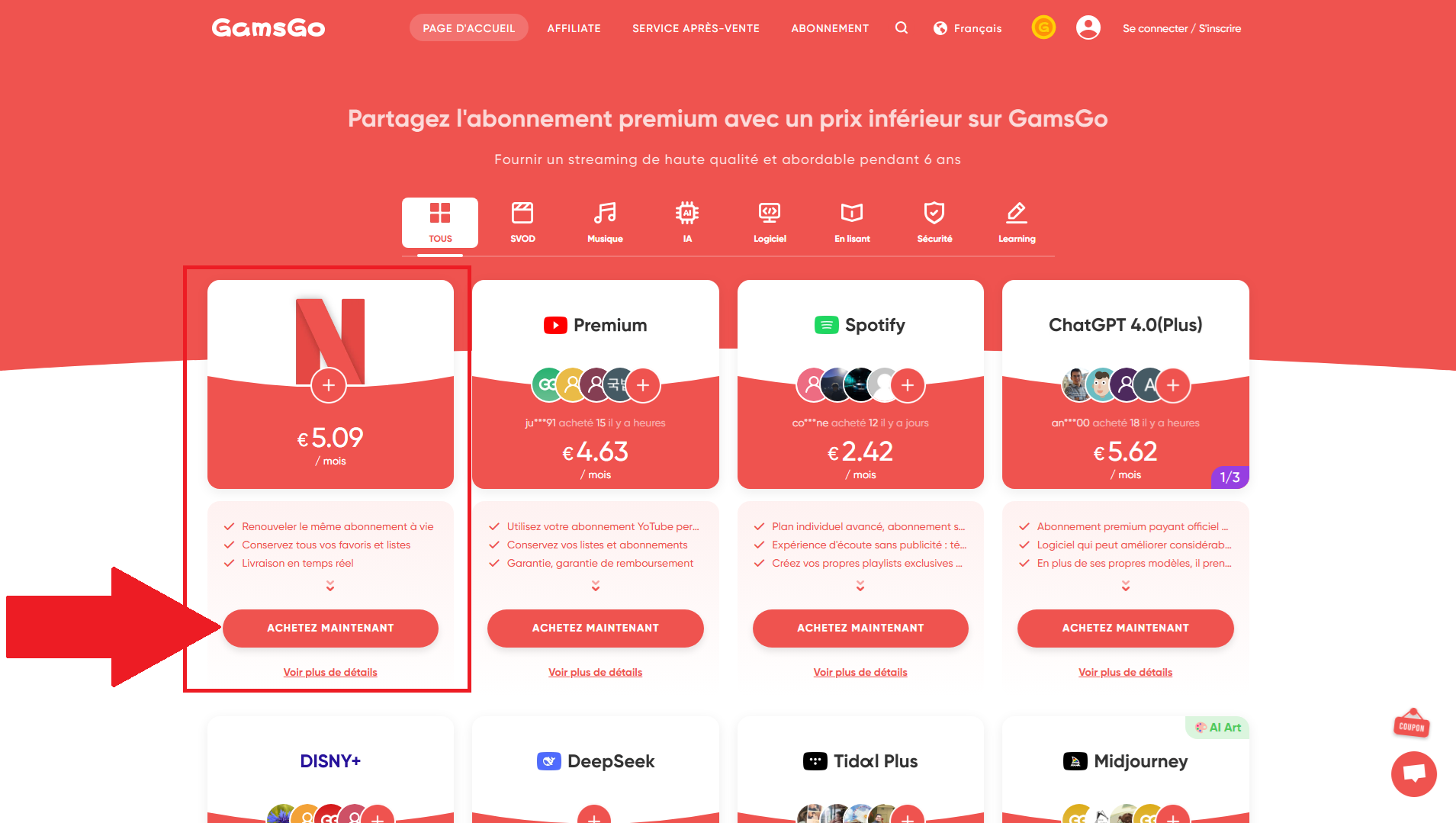Netflix en GamsGo, el servicio al que queremos suscribirnos en nuestro ejemplo. ©️Dramsey para Alucare.fr