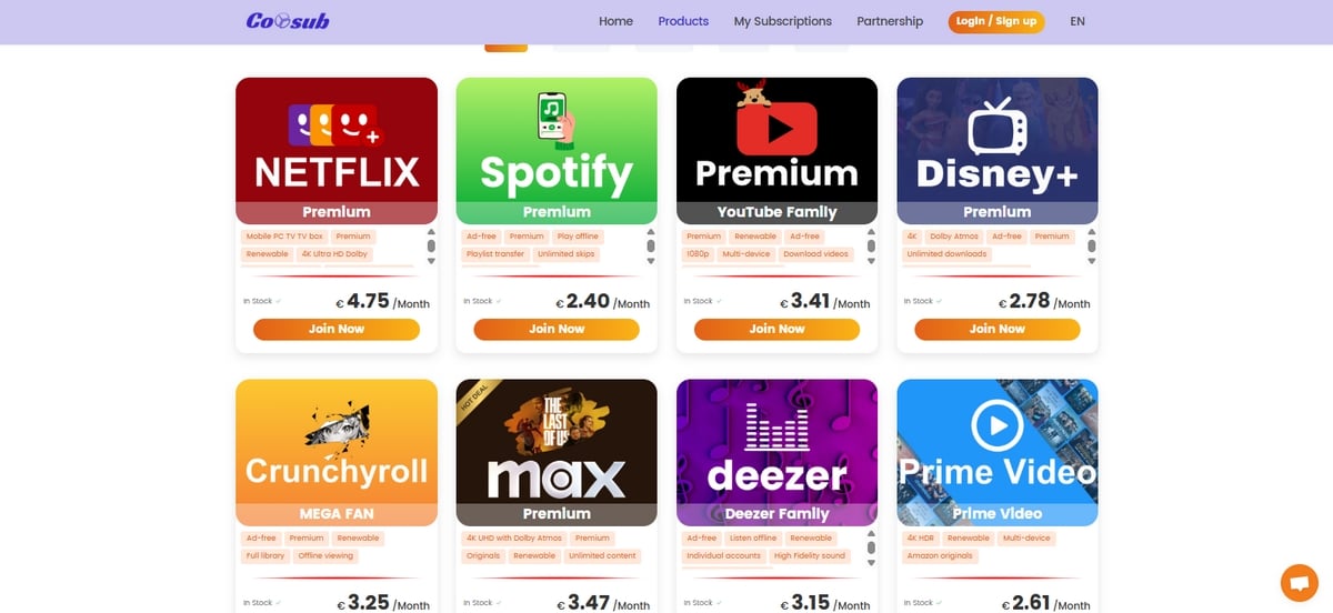Hauptschnittstelle der Coosub-Website.
