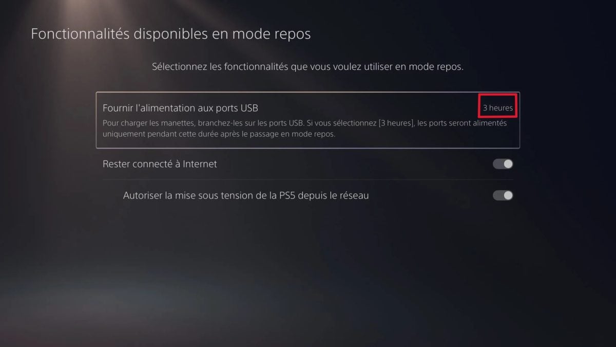 En la opción "Suministrar energía a los puertos USB", puedes elegir "Siempre" o "3 horas".