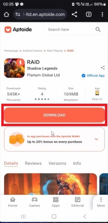 1. Download RSL via Aptoide by clicking on the "Download" button