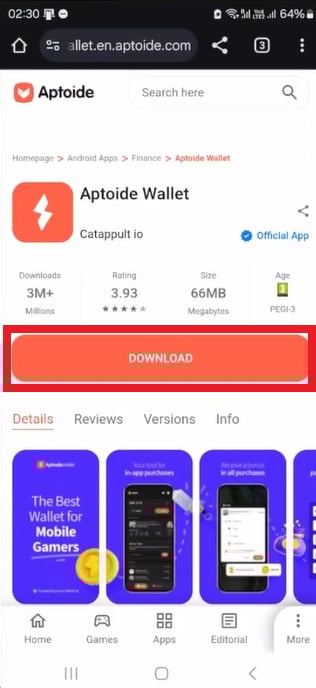 1. Download Aptoide Wallet via the link above.