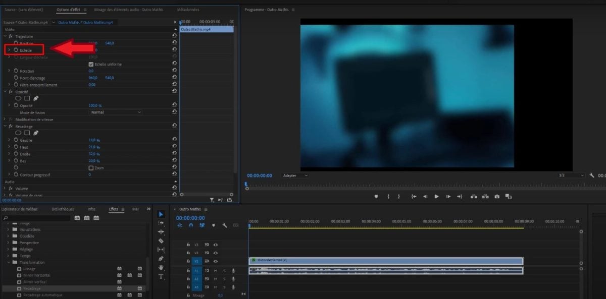 Opção Escala para redimensionar o vídeo no ecrã