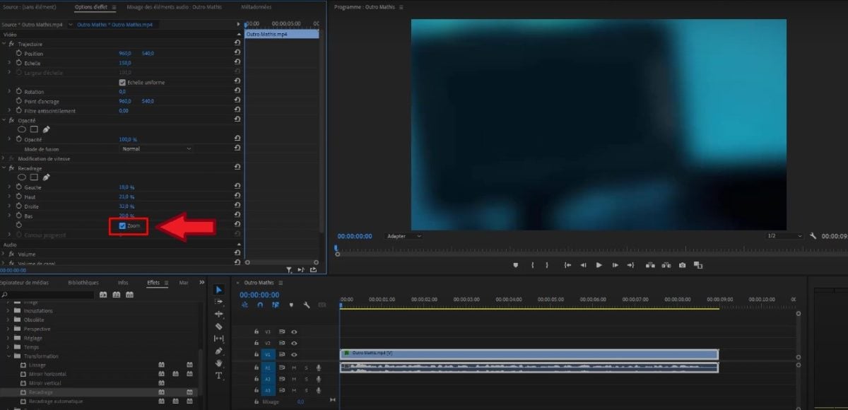 Opção Zoom para ajustar o vídeo recortado ao ecrã