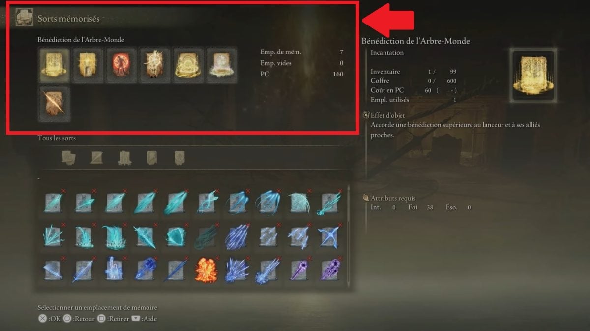 At the top, you'll find spells already equipped.