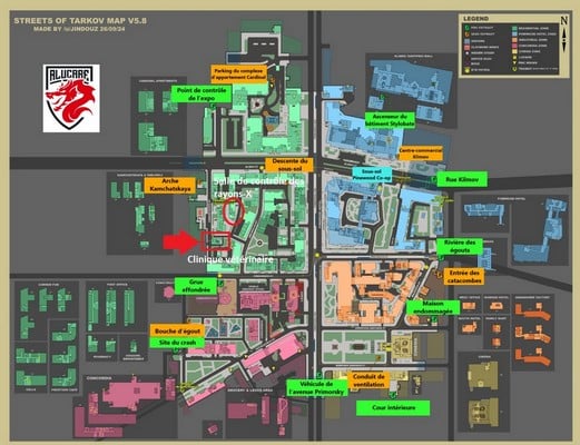 Veterinærklinik og røntgenkontrolrum vist på kort Gader i Tarkov