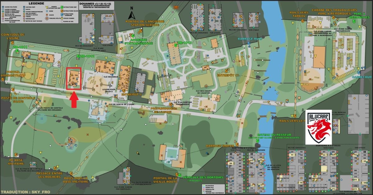Posizione dell'edificio per container indicata sulla mappa doganale