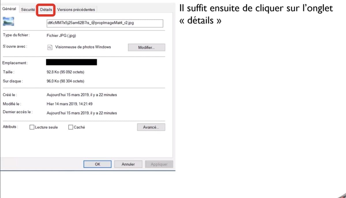 Plusieurs onglets vous sont proposés. Cliquez sur celui où il y a "Détails".