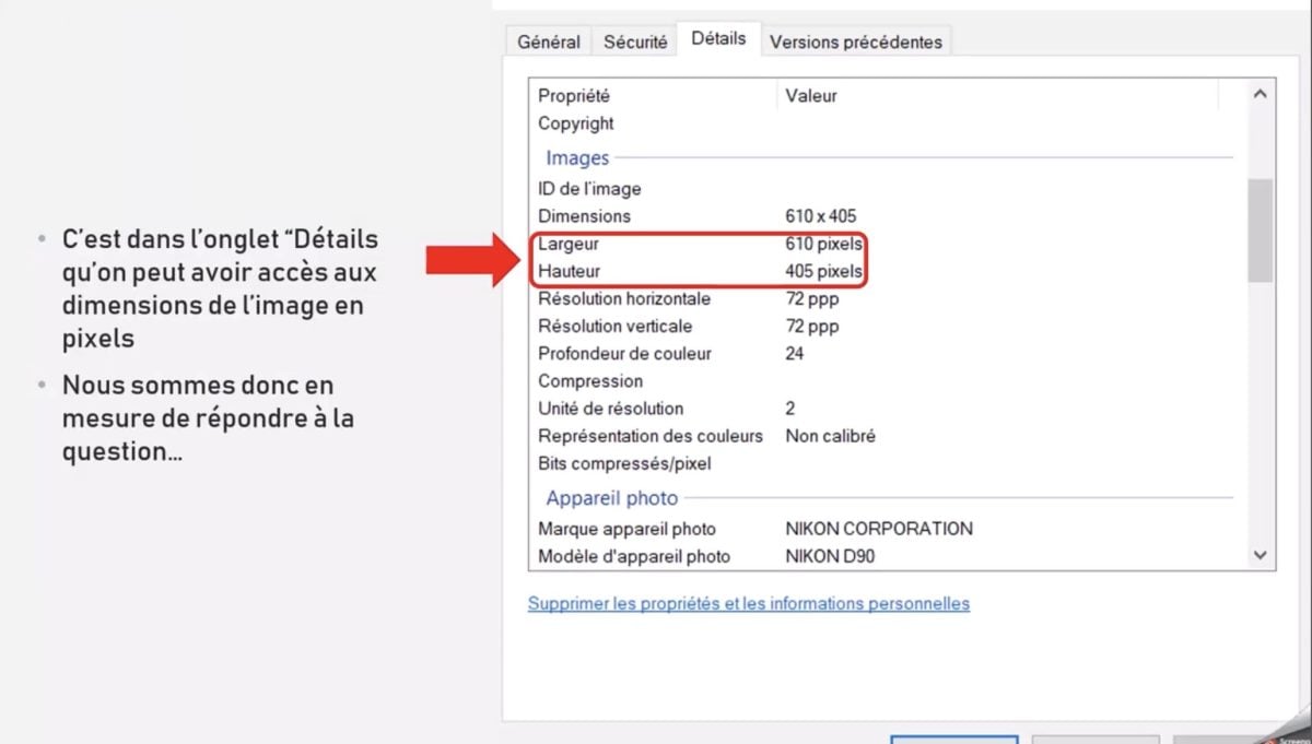 L'onglet Détails vous permettra de voir la largeur et la hauteur de l'image.