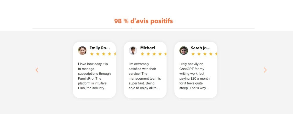 De acordo com as reacções dos utilizadores, o FamilyPro é apreciado pela sua interface segura e de fácil utilização, bem como pela sua função de compra em grupo, que proporciona um acesso acessível a serviços de qualidade superior.