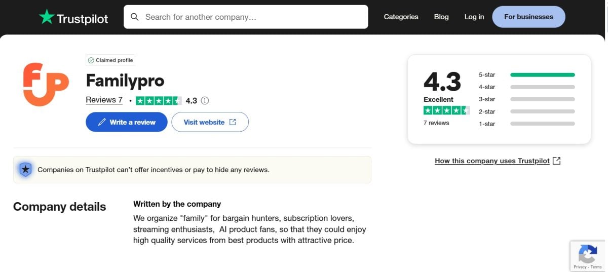Na Trustpilot, a FamilyPro apresenta-se como uma plataforma que oferece serviços de qualidade a preços atractivos graças a ofertas agregadas!