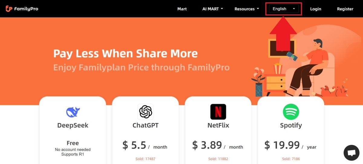 Por defeito, o sítio FamilyPro está em inglês, mas pode mudar para francês clicando em inglês.