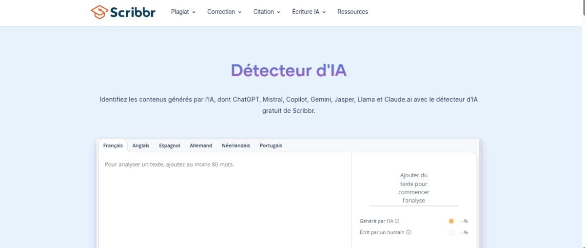 Aperçu du site du détecteur d'IA Scribbr
