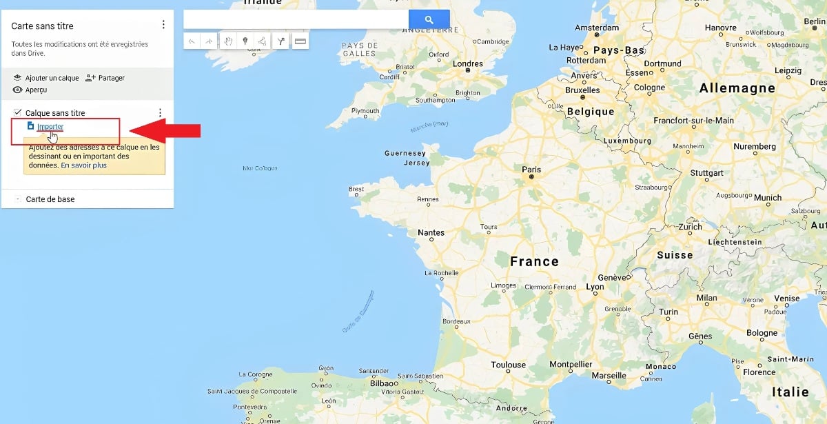 You'll see the "Import" button when the map is displayed.