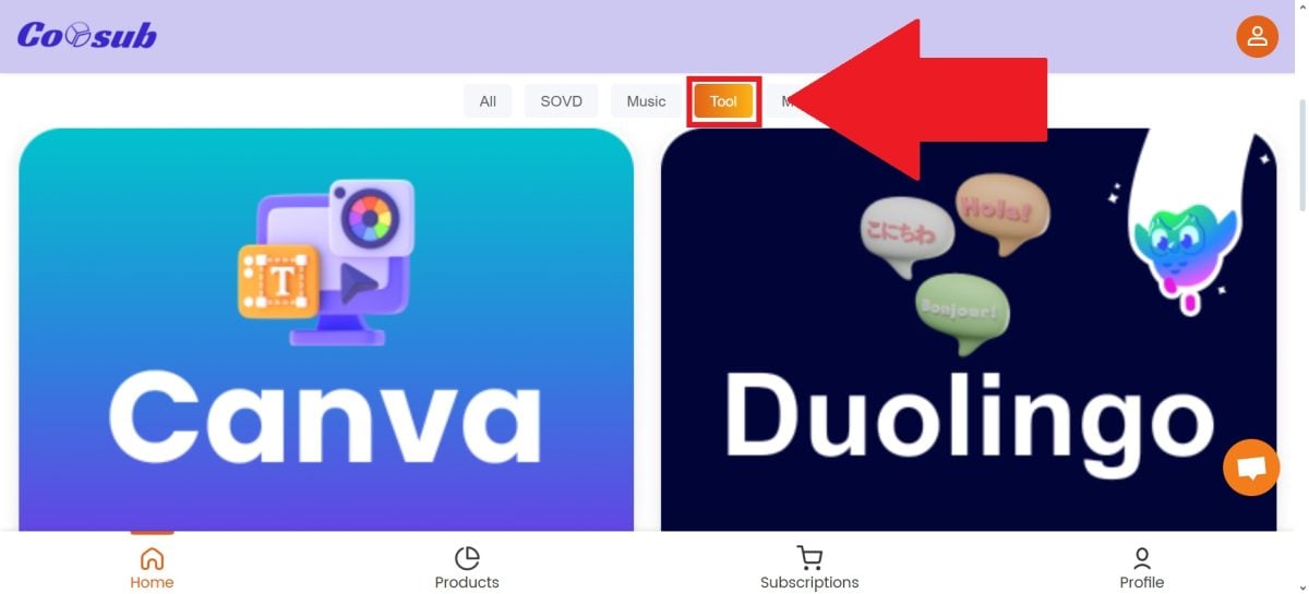 Filtrer dine søgninger, så du lettere kan finde det ønskede abonnement. Da dette er software, finder du Microsoft Office 365-abonnementet i "Værktøj".