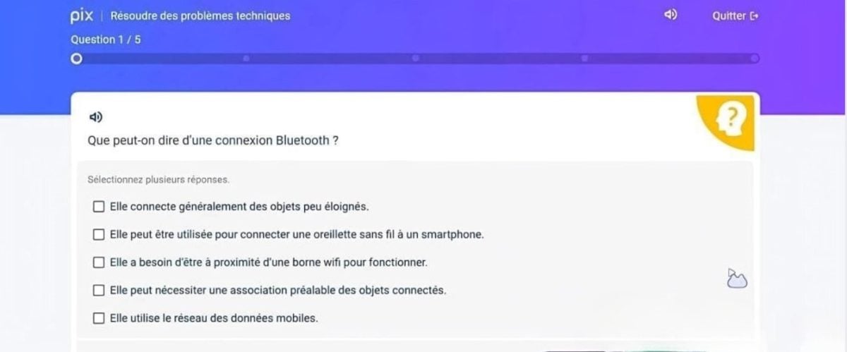 Domanda sulla tecnologia Bluetooth sulla piattaforma Pix. Scegliete tutte le risposte possibili su cosa sia il Bluetooth e a cosa serva. 