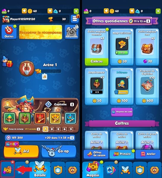 Clique no pequeno ícone do tronco para aceder à loja Rush Royale