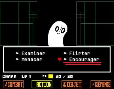 Optagelse fra spillet Undertale, der viser de mulige handlinger mod Napstablook.