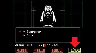 Vælg "Clémence" for at kunne vælge "Save"-muligheden mod Toriel.