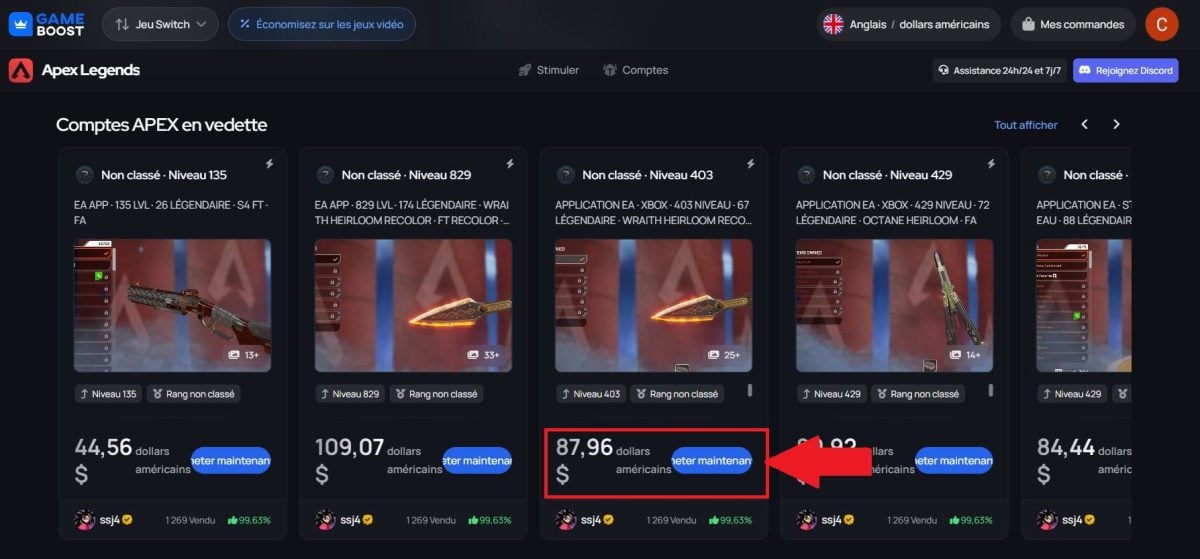 Navega pelas contas disponíveis no GameBoost e escolhe a mais adequada para ti, dependendo da tua plataforma (PC, Xbox, Switch, PS4/PS5), nível e detalhes.