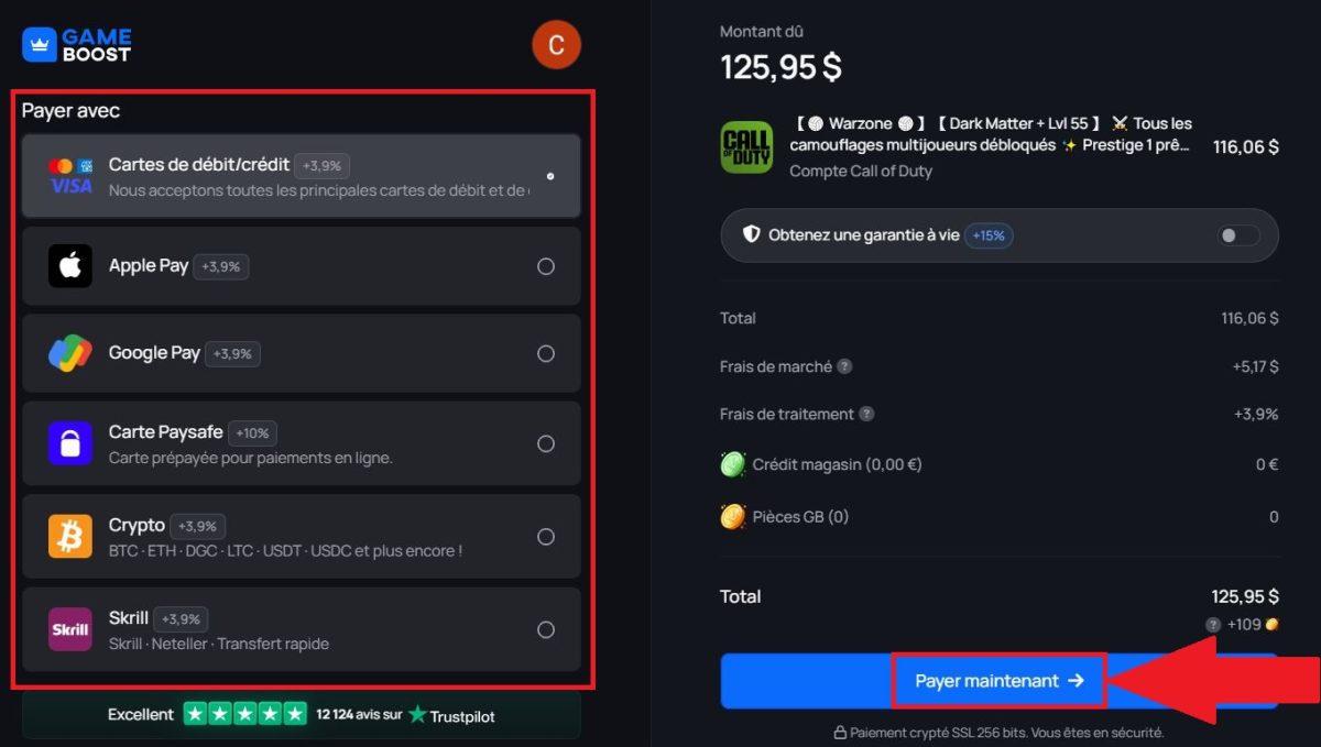 GameBoost tilbyder forskellige betalingsmetoder til køb af din CoD-konto. 