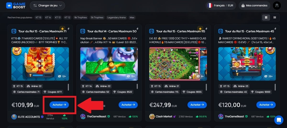 Чтобы приобрести аккаунт Clash Royale на GameBoost, просто нажмите на кнопку КУПИТЬ 